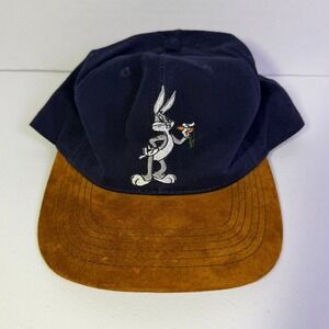 Vintage 1991 Bugs Bunny Warner Bros Studio Store Snapback Hat Navy Suede Brim